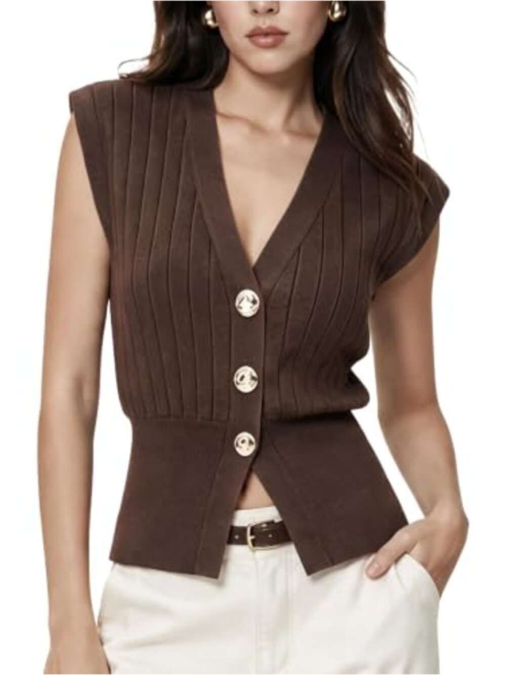 Fitted Ribbed Button Front Sweater Vest Knit Tops Sleeveless V-Neck